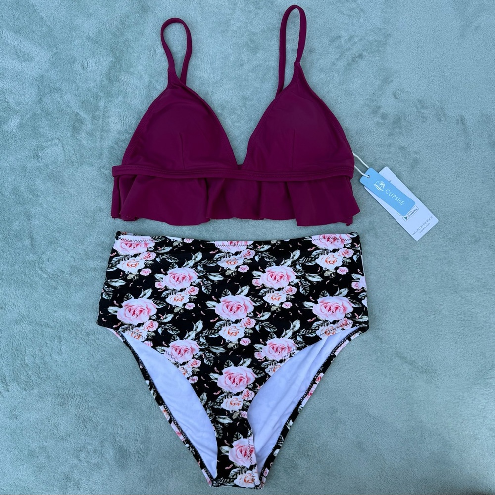 Cupshe two piece bikini swimsuit with ruffle top and floral high waist bottom